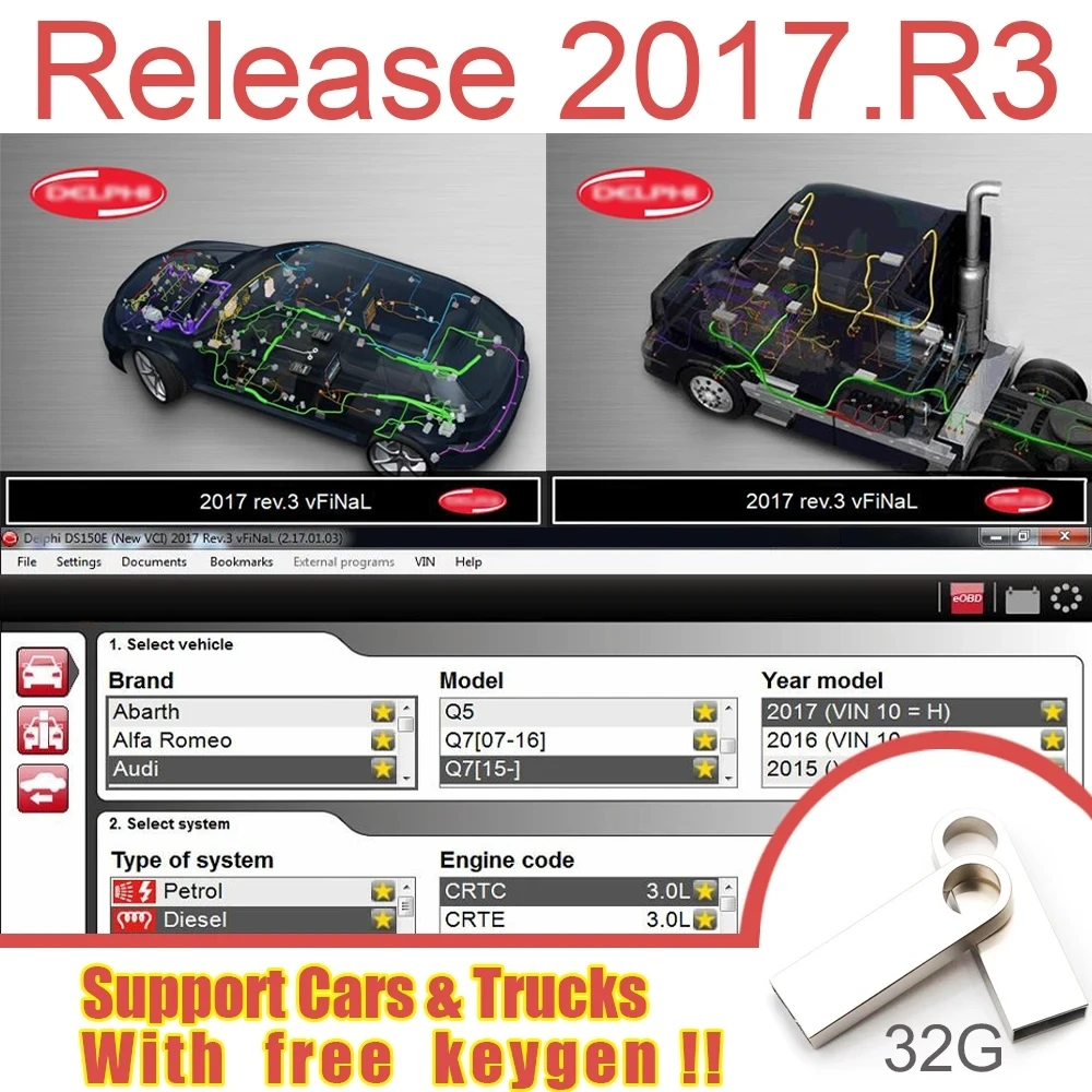 Newest Delphi 2017 r3 Car Diagnostics Software Codings OBD2 Del-phis 2021.10b with keygen Software DS 150e Compatible Bluetooth 2