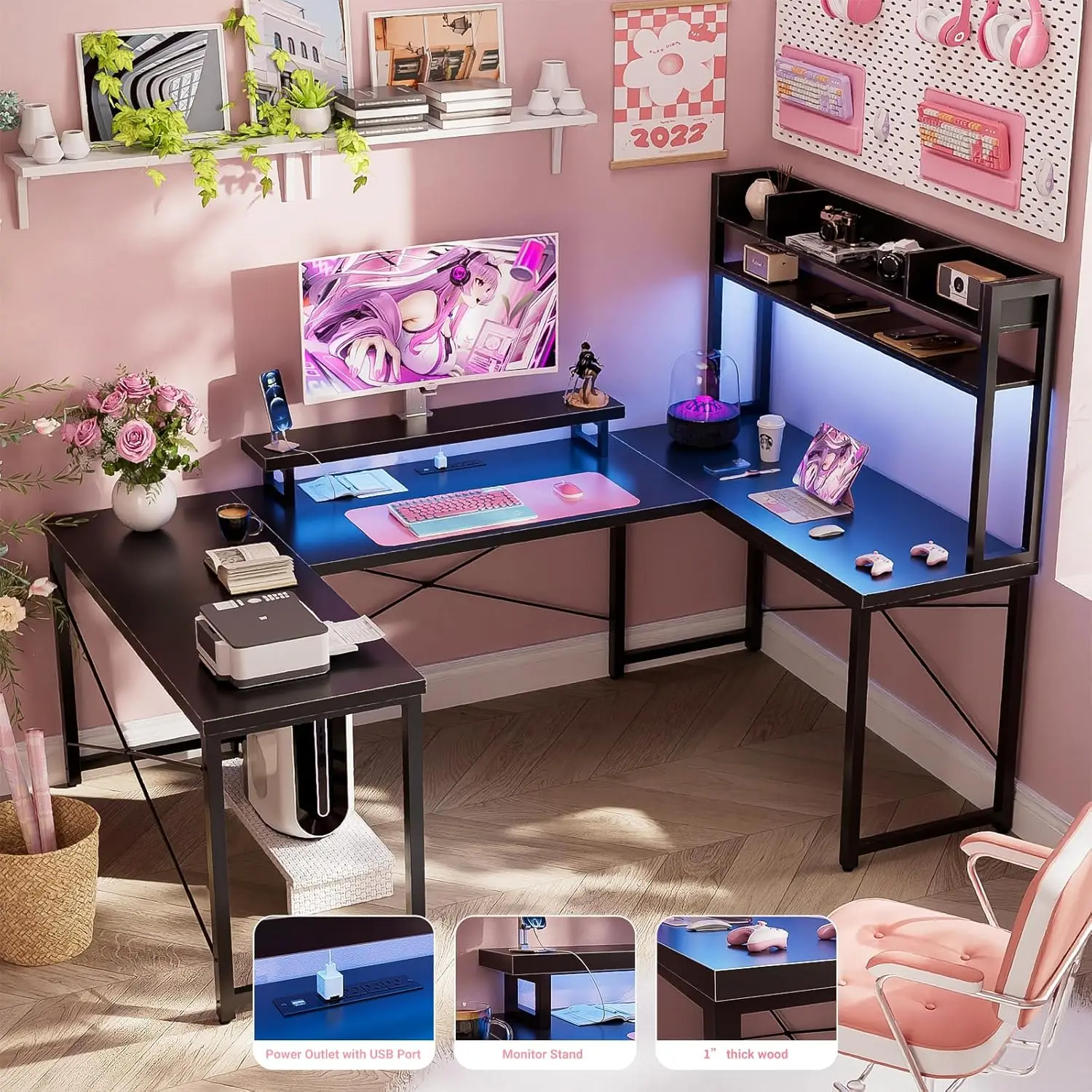 U Shaped Desk with Hutch, Reversible L Shaped Computer Desk with Power Outlets and LED Strip 6