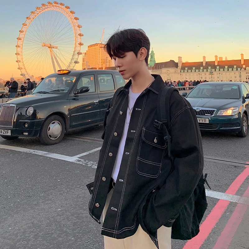 

2022 Spring Autumn Men New Long Sleeve Black Outwear Male Loose Denim Jacket Men Fashion Pockets Casual Jeans Clothing C88