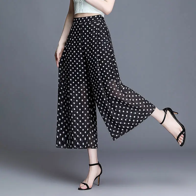 Summer Casual Womens Ankle-length Pants Dot Printed Wide Leg Stretch Waist  Female Chiffon Straight Trousers 2023