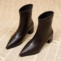 Fashion Vintage Thick Heels Women Slim Ankle Boots Autumn Winter Pointed Toe Stripper Party Short Booties Zapatos De Mujer
