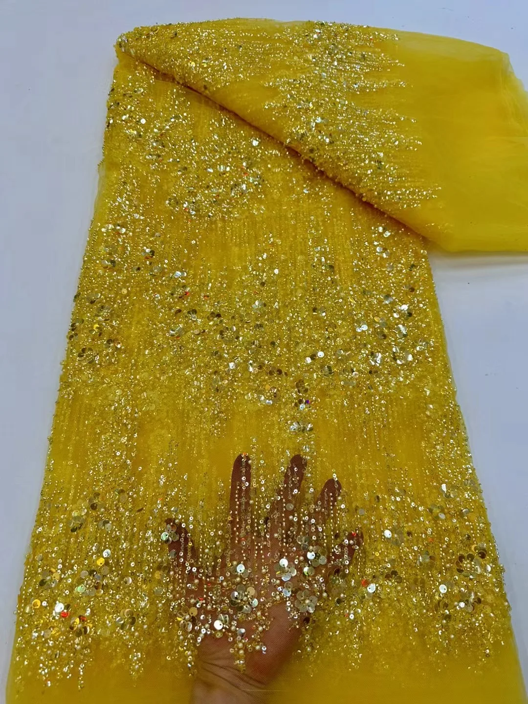 Luxury Yellow Sequins Tube Beads Lace Fabric For Wedding 2025 New Design French African Tulle Mesh Lace For Evening Dress