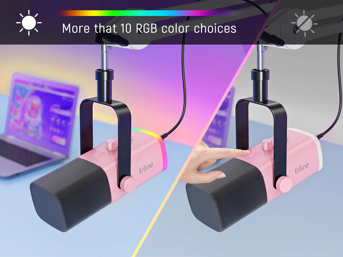 Microfone Rosa Microfone Rosa FIFINE-USB dinâmico XLR com controle RGB, microfone mudo ...