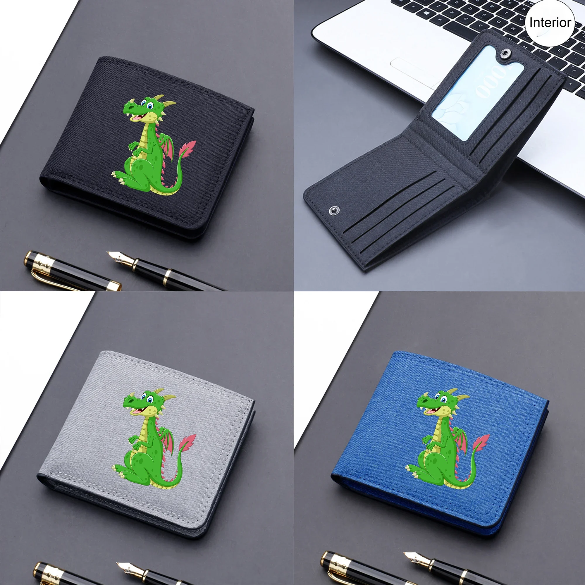 Cute Dragon Print Bifold Wallet Multi-card Card Holder Short Wallet Portable Money Clip Fashion Canvas Christmas Gifts