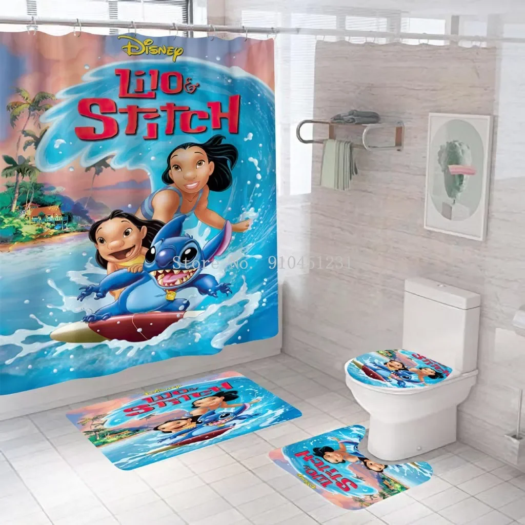 Disney 3D Lilo Stitch Bathroom Shower Curtain Waterproof Curtains Bathroom Hook Set Soft Bath Mat Toilet Carpet Rugs