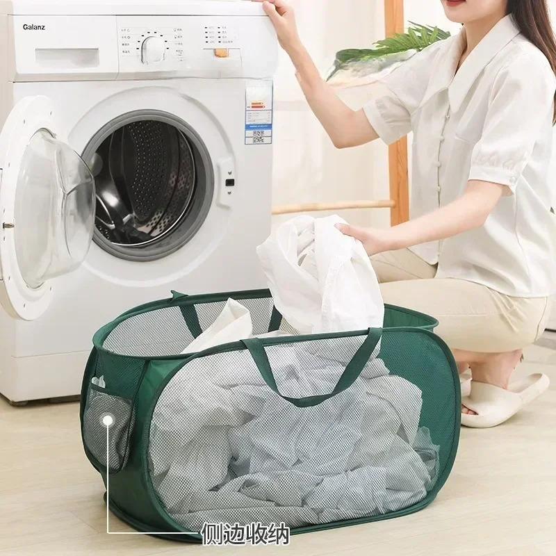 Durable Collapsible Laundry Basket, Mesh Pop Up Laundry Hamper With Side Pocket, Foldable Clothes Storage Hamper With Reinforced 1