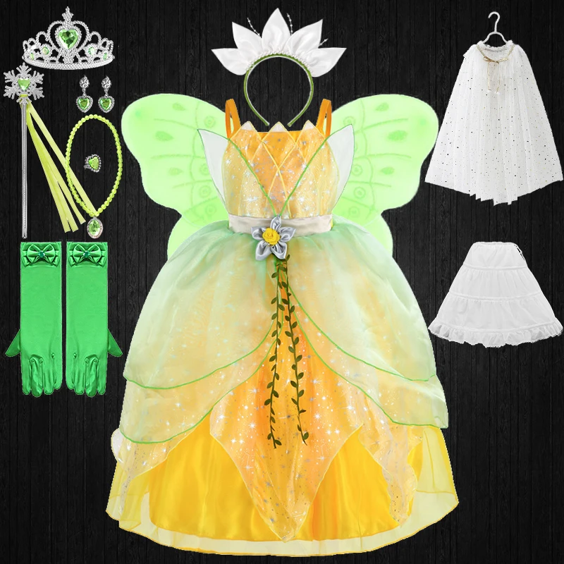 

2023 Carnival Children's Role-playing Flower Fairy Tiana Costume Girls Halter Forest Frog Princess Masquerade Performance Dress