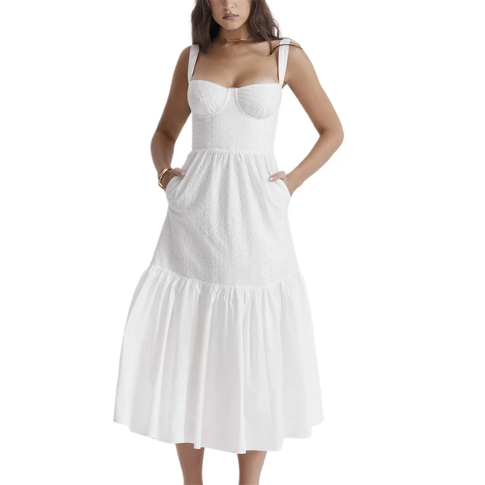 

Summer Sleeveless Spaghetti Strap Low Cut Bustier Midi Dress Women Bodycon Square Neck Lace Trim Long Dress