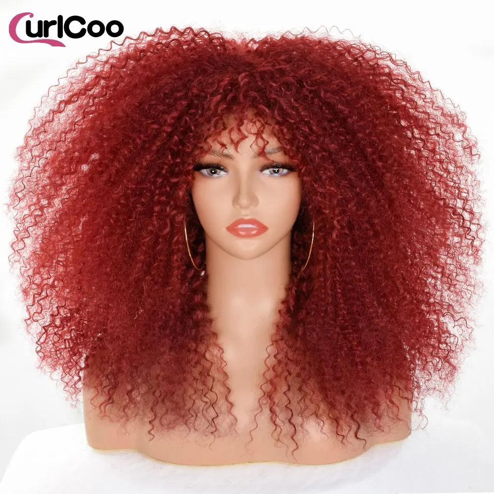 Short Curly Wigs with Bangs for Black Women Afro Kinky Curls Heat Resistant Natural Synthetic Wig for African American Women