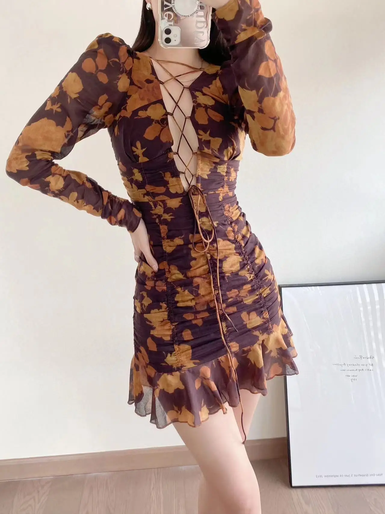 

Spring Summer Women Sexy Dress Runway Fashion V-Neck Long Sleeve Print Mini Elegant Party Holiday Dress