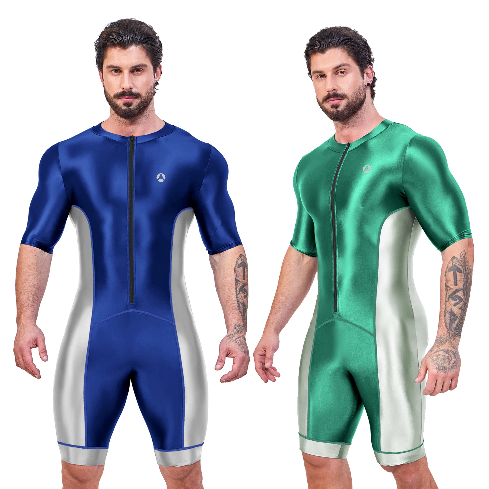 Men Bodysuit Silk Smooth Surfing Suit Swimwear Yoga Sportswear Cropped Leotard Jumpsuit Swimsuit Shiny Satin Glossy