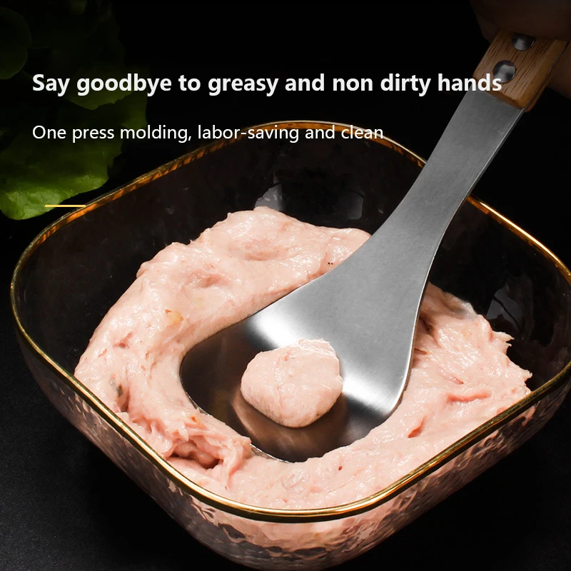 Stainless Steel Meatballs Spoon Wooden Handle Non-Stick Meatball Maker Kitchen Meat Manual Food Processorle Fish Balls Utensils