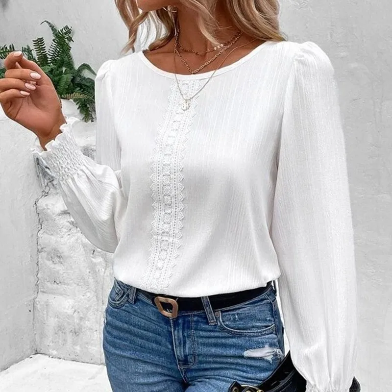 

Женская белая кружевная рубашка с круглым вырезом, повседневная однотонная элегантная кружевная рубашка с длинным рукавом и О-образным вырезом, элегантные блузки, женские топы Baratinha