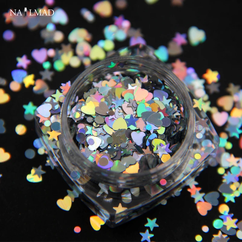 Nail Decorations 3ml Box Holo Nail Glitter Mixes Heart Round Star Nail Sequins Holographic Glitter Art Decorations