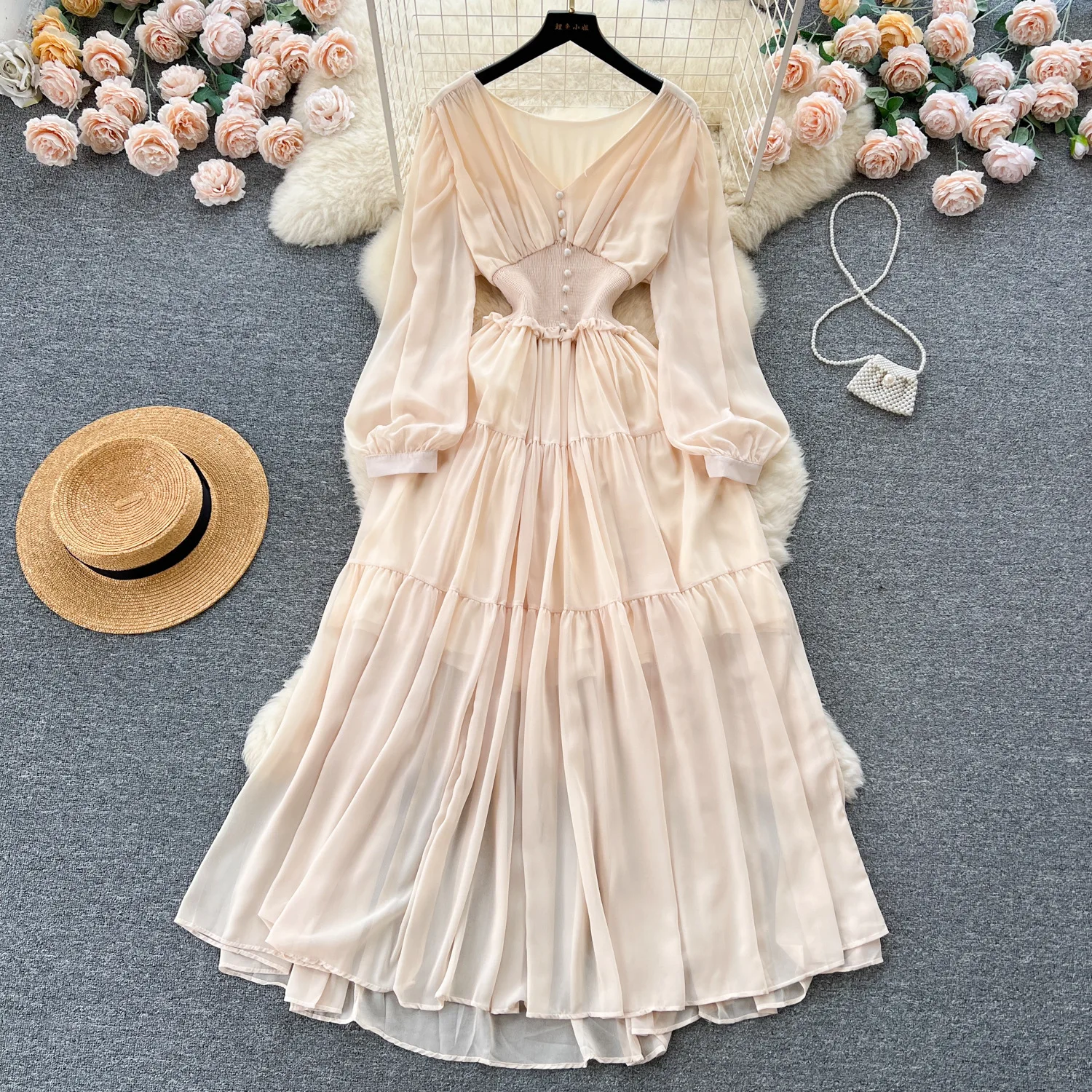 Vintage Chiffon Long Dress Women Elegant V-neck Long Sleeved Casual Dresses French Pleated Slim A-line Long Robe Vestidos