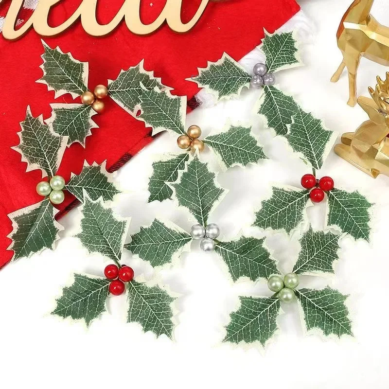 50-5Pcs Christmas Holly Leaves Artificial Red Berries Flower DIY Christmas Wreath Ornaments For 2025 Xmas New Year Decor Navidad