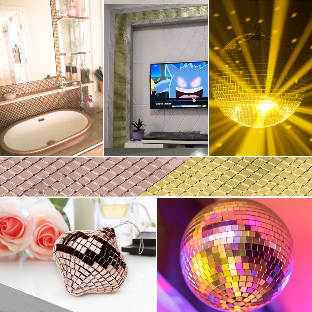 4x100cm Self Adhesive Mosaic Tiles 5x5mm Disco Tiles Square Mirror Mosaic Tiles for Interior Decoration DIY Art Collage