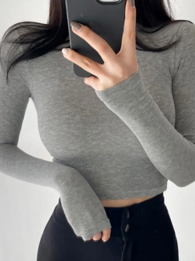 

ABRINI Women Y2K Stripe Tops Skinny Knitting Long Sleeve T-shirts O-neck For Women Solid Sexy Slim Elastic Tops