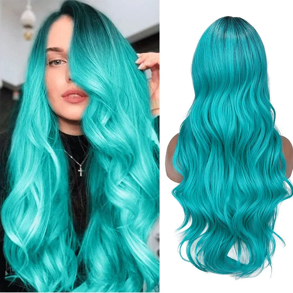 WIGNEE Bluish Light Blue Wig Synthetic Ombre Long Wavy Body Wave Side Part Heat Resistant Natural Hair Wigs For Women Cosplay