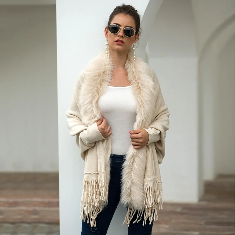 

Europe and the United States Wind Autumn and Winter Fringe Cape Shawl Wool Collar Cape Solid Color Cardigan Wool Blend