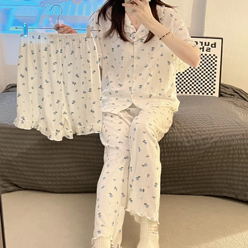 Fresh girl 3-piece set spring and summer pajamas women's small fresh cardigan lapel sweet short-sleeved trousers home service