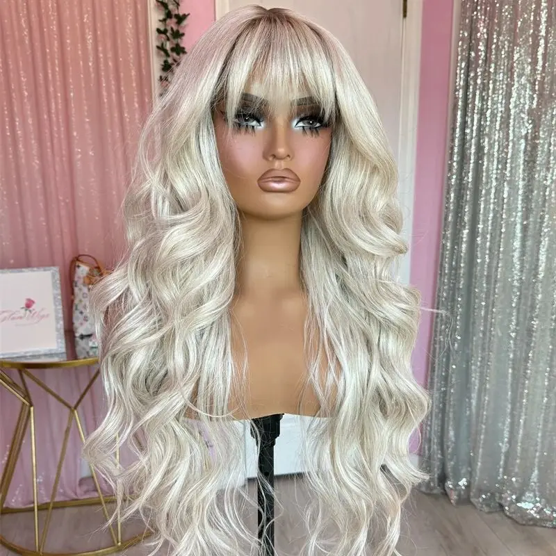 Synthetic Human Hair Wig Loose curly Ombre White Blonde with Short Roots Lace Top Wig with Bangs Women Synthetic Premium Fibre Heat Resistant Party Wig synthetic human hair wig