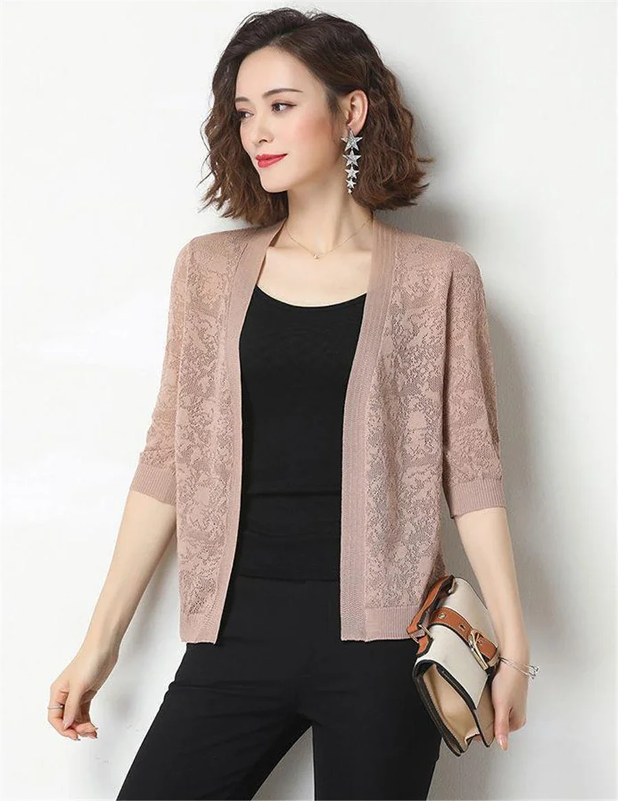 Summer Oversized Knit Cardigan Jackets Half Sleeve Lace Knitwears Coats Korean Elegant Trendy Hollow Out Sunscreen Tops