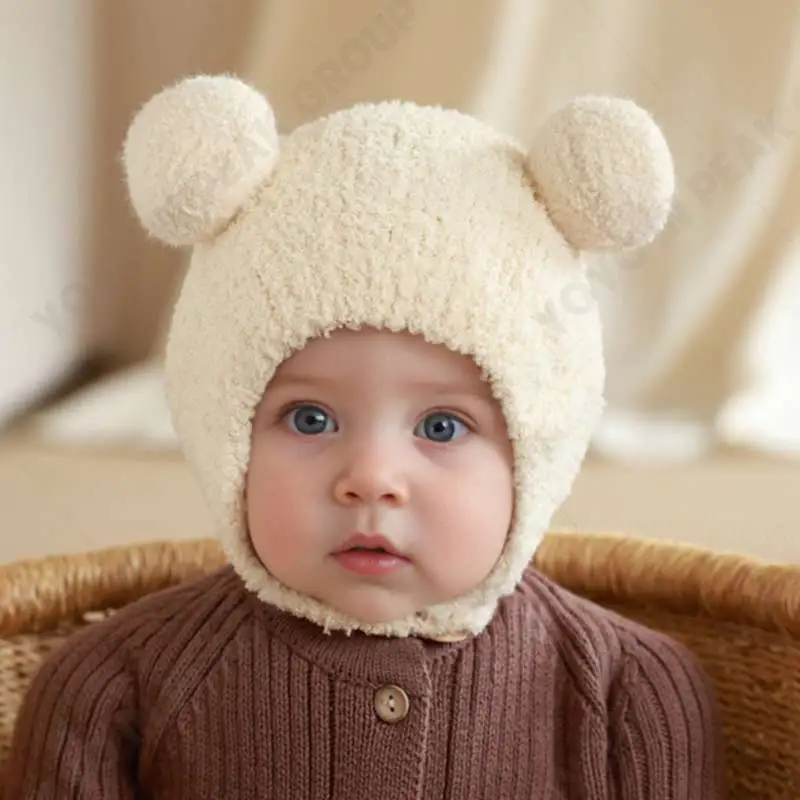 Infant Hat Baby Beanie Girl Boy Hat Fleece Wool Hemming Caps with Ball Autumn Winter Solid Wool Ear Protection for 4-24 Month