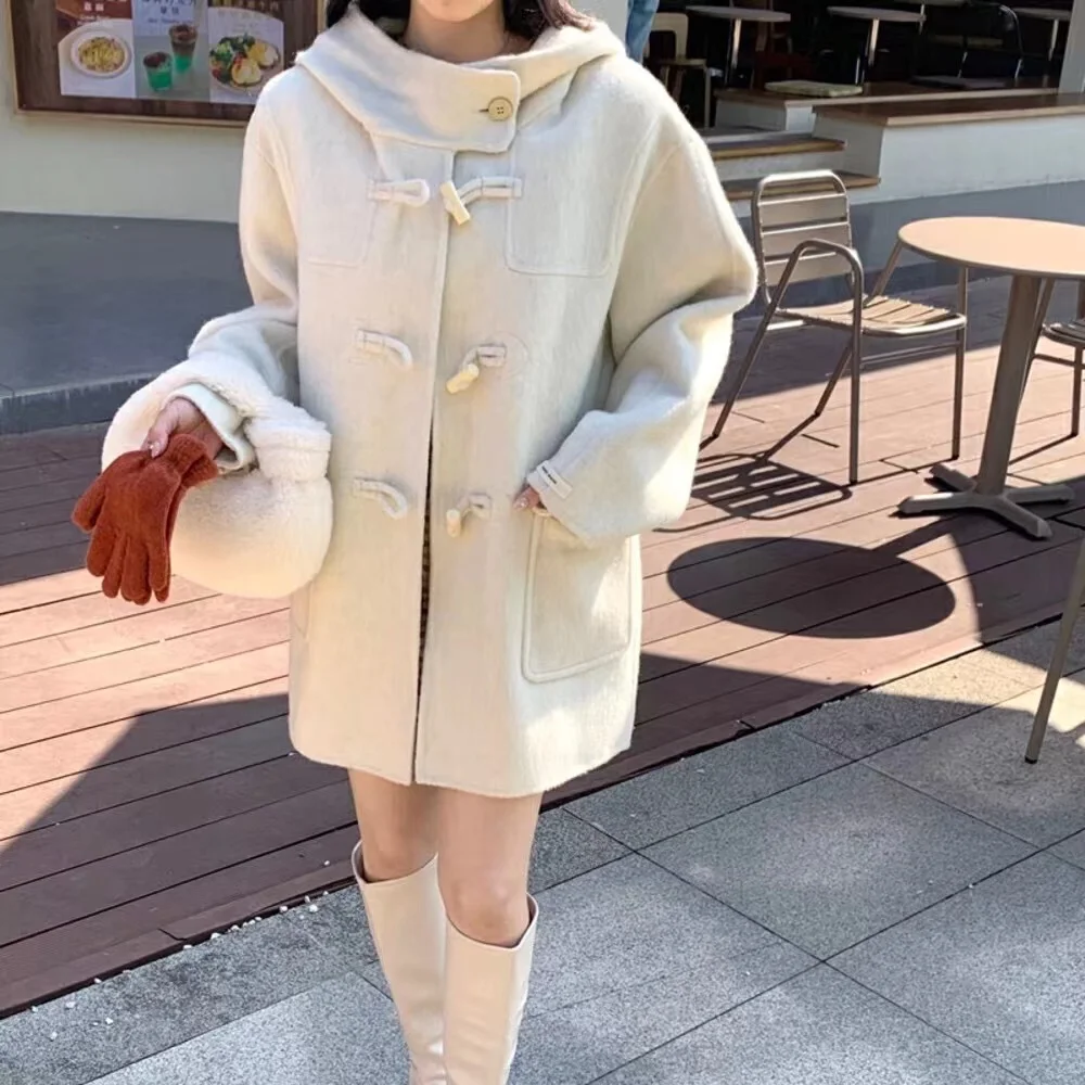 

Women's Hooded Cowhorn Button Double Sided Wool Coat, Autumn and Winter
