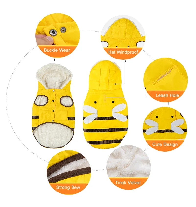 Warmly Dog Coat Cute Bees Pets Costume Outfit Winter Dogs Clothes for Cold Weather Small Medium Large Dogs Jacket