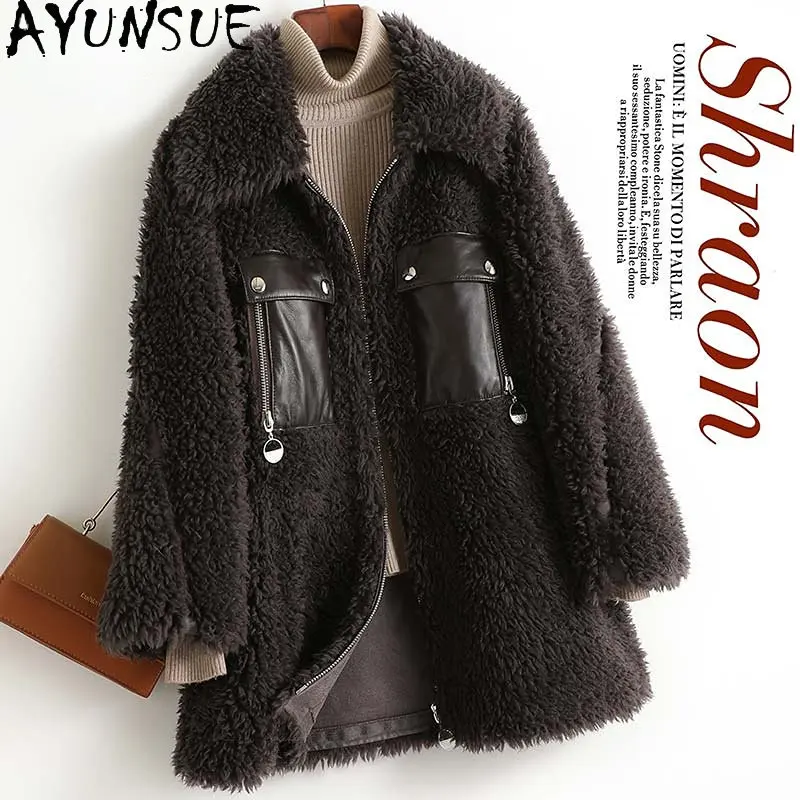 

AYUNSUE 100% Wool Coat Women Winter 2023 Sheep Shearing Jacket Casual Mid-length Wool Jacket Fur Coats Abrigo Invierno Mujer SGG