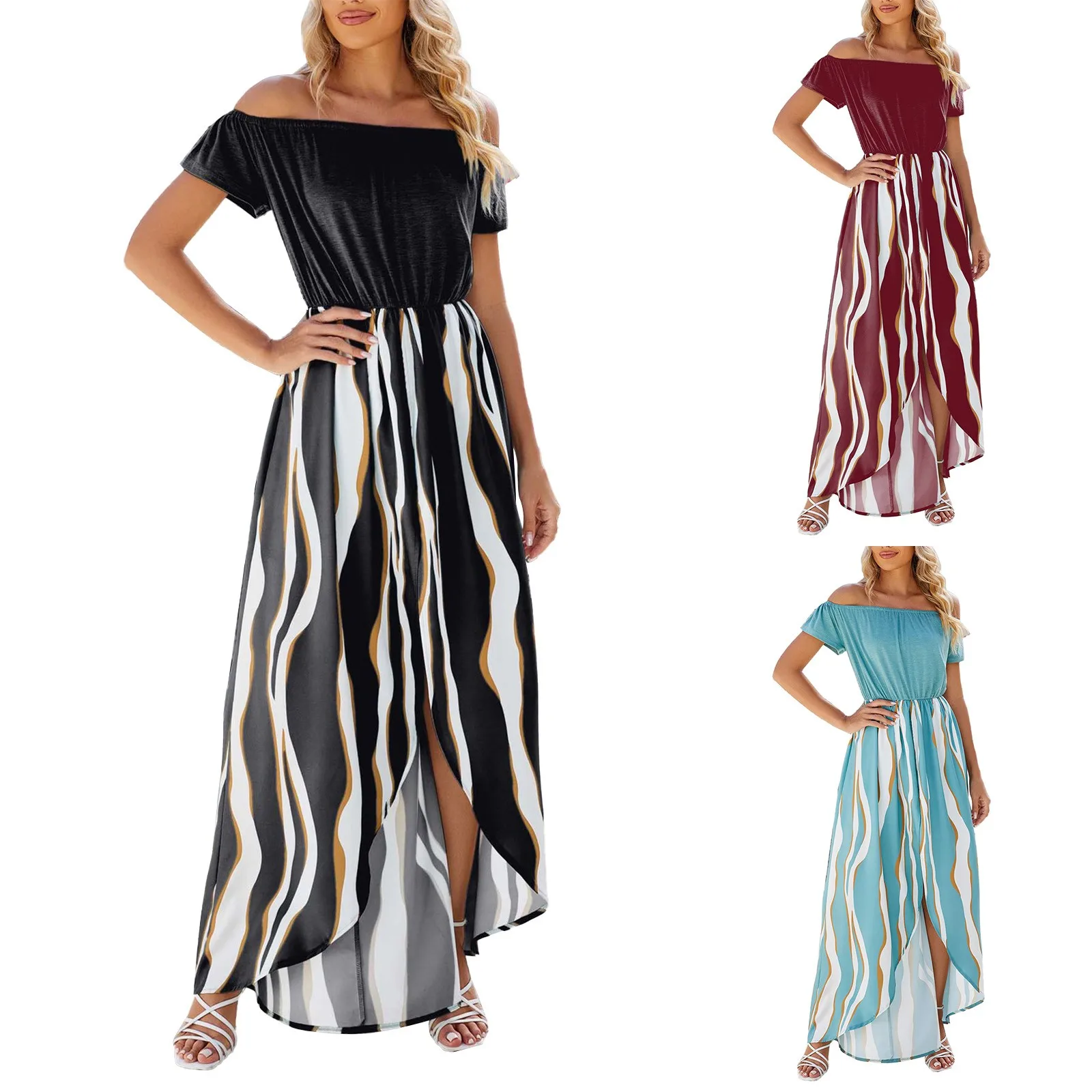 

Women's Pattern Off Shoulder Waist Short Sleeve Dress Casual Dress Outfits for Women Womens Swing Dress Loose Women Dress