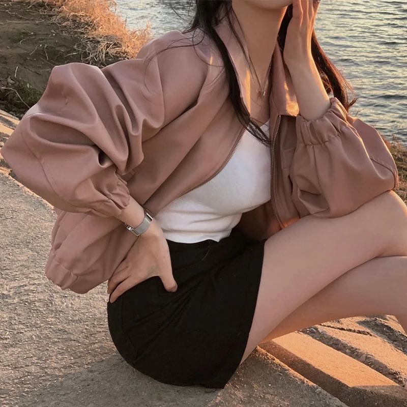 Casual Zipper Leather Jacket Women Short Fashion Simple Solid Color Loose-fit PU Leather Basic Coat Tops chaquetas de mujer