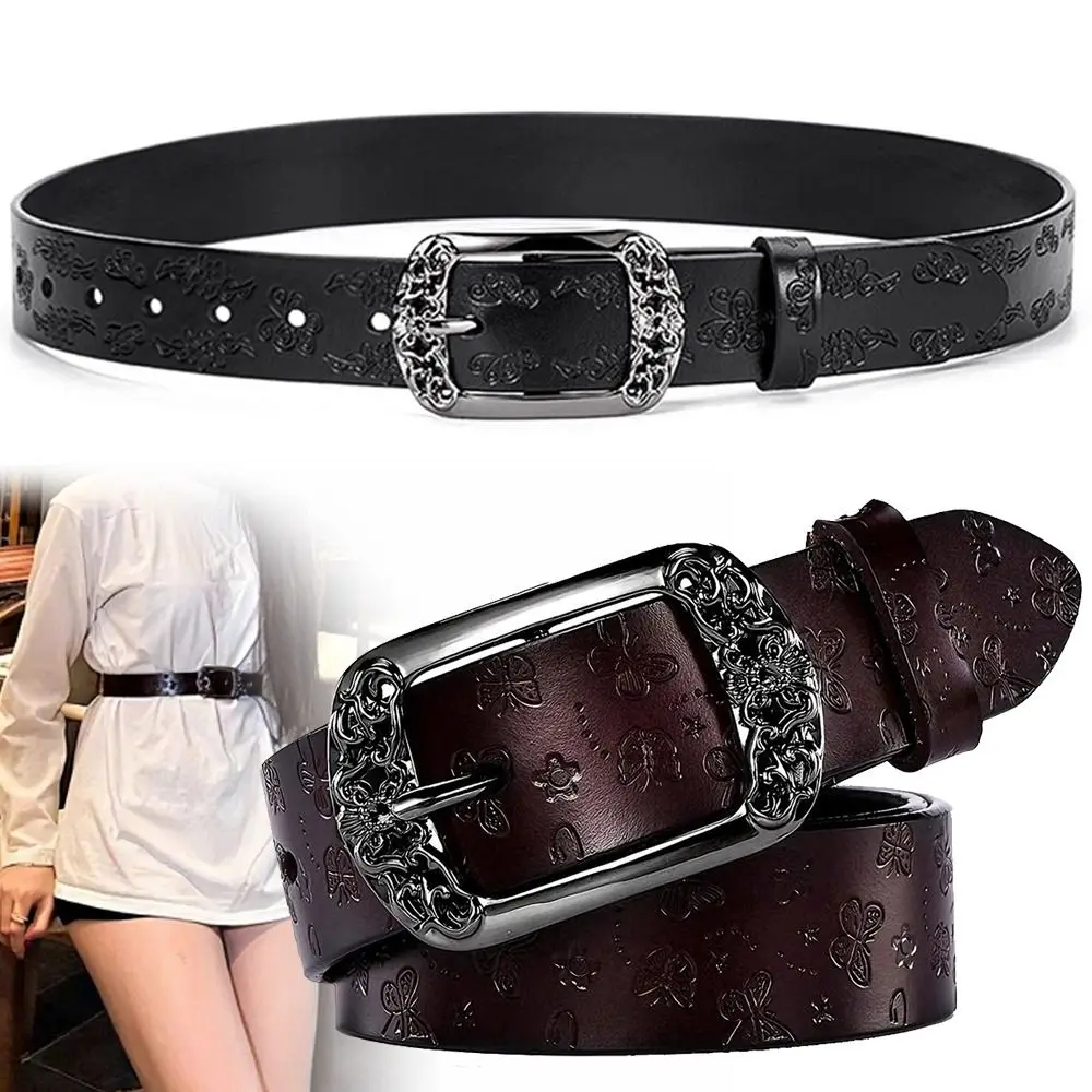 Fashion Alloy Pin Buckle Carved Waist Belt Harajuku Chic PU Leather Belt Vintage Y2K Punk Waistband For Women