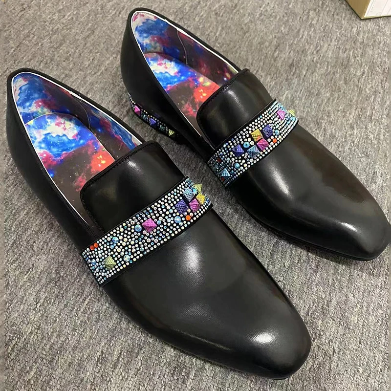 

Colorful Rhinestone Adorned Men's Casual Leather Shoes Pointed Toe Slip On Loafers Shoes Man Black Handmade Dress Party Shoes