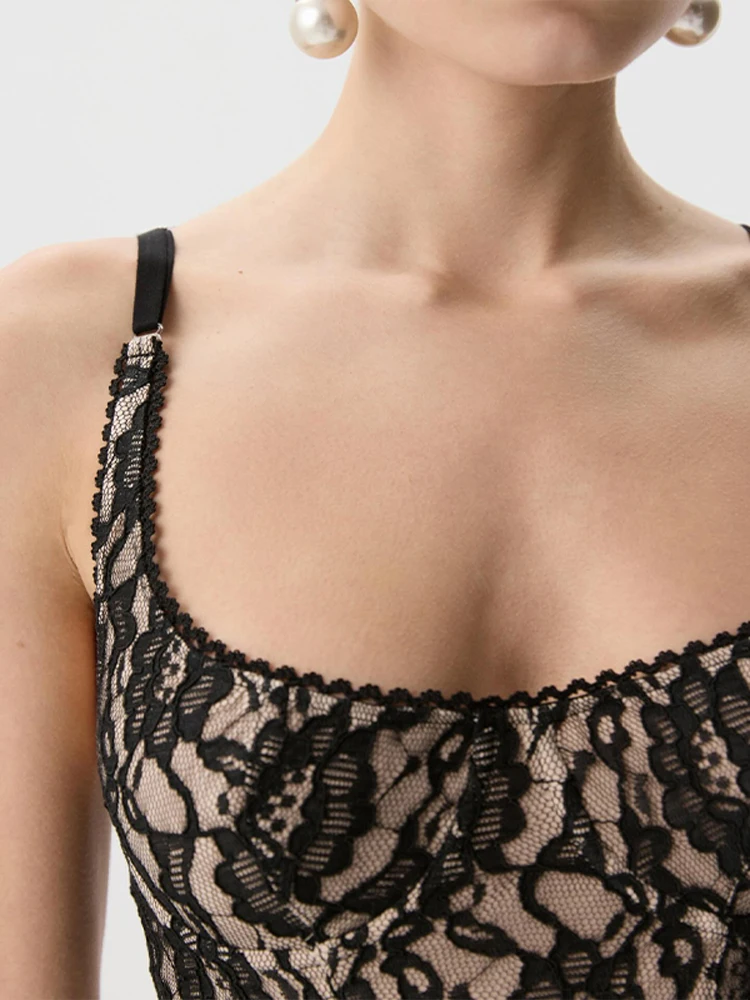 Spaghetti-Träger mit V-Ausschnitt, Spitze, Patchwork-Body, Top für Damen, sexy, ärmellos, rückenfrei, Taille, Cinching-Bodys, Tops, modische Clubwear – Detail 2