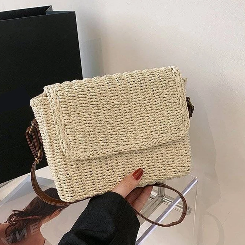 Women Weave Straw Bag Summer Straw Beach Bag Vintage Small Square Satchel Bag Adjustable Strap Handmade Travel Flap Bag