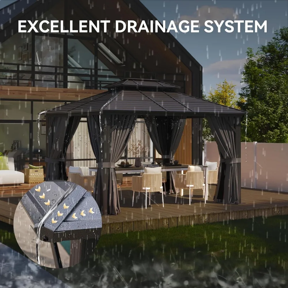 10'x 12' Hardtop , Outdoor Dual-Layer Galvanized Steel Double Roof Canopy with Netting and Curtains, Gazebos 2