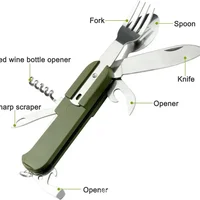 7 in 1 Multifunctional Outdoor Tableware Survival Tools Stainless Steel Foldable Fork Spoon Knife Picnic Camping Dinnerware 2