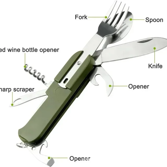 7 in 1 Multifunctional Outdoor Tableware Survival Tools Stainless Steel Foldable Fork Spoon Knife Picnic Camping Dinnerware 2
