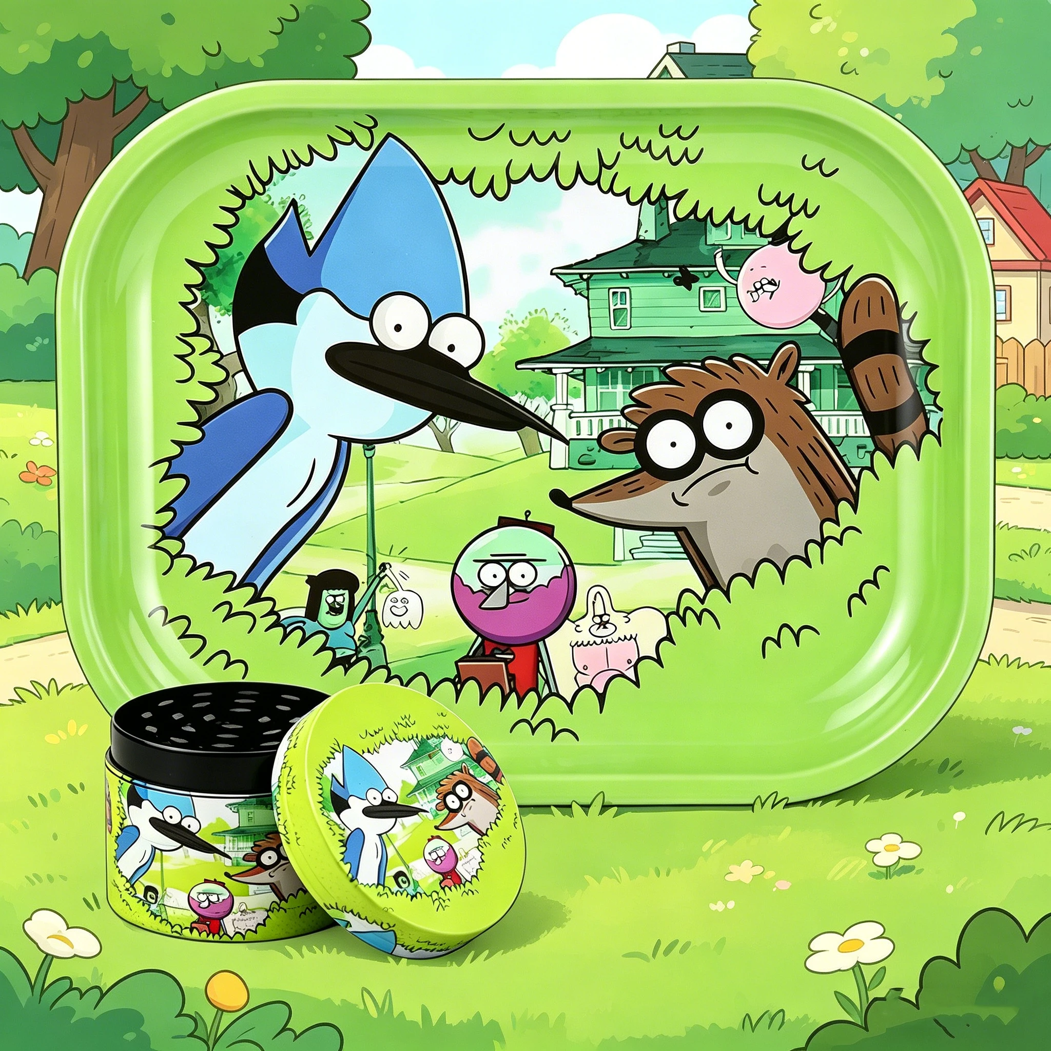 1/2 Pieces Cartoon Bird and Raccoon Metal Rolling Tray and Herb Grinder 1
