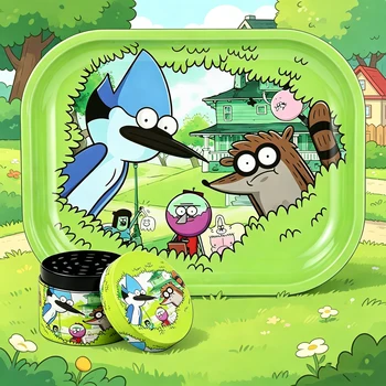 1/2 Pieces Cartoon Bird and Raccoon Metal Rolling Tray and Herb Grinder 1