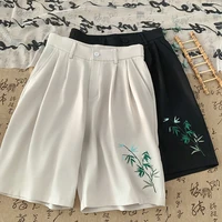 Trendy 2025 Summer Thin Casual Shorts Leaves Embroidered Knee Length Pants Elastic Waist Loose Fit Five Minute Pants 1