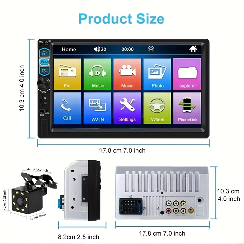7인치 HD 카 스테레오 라디오 뉴스타일 2딘 MP5 멀티미디어 플레이어 (8LED 후방 카메라, FM/USB/AUX, SD 기능 포함)