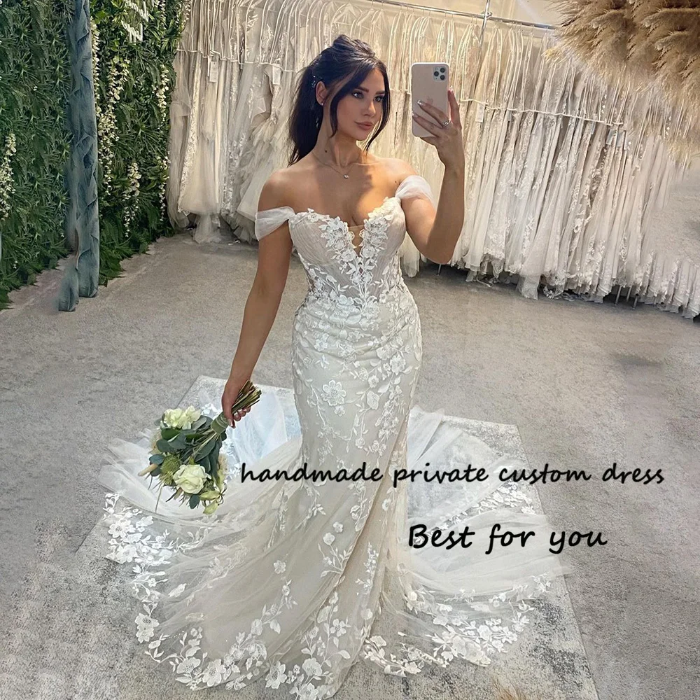 

Champagne Mermaid Wedding Dresses Off Shoulder Sweetheart Beach Bride Dress Lace Appliques Tulle Boho Bridal Gown Backless