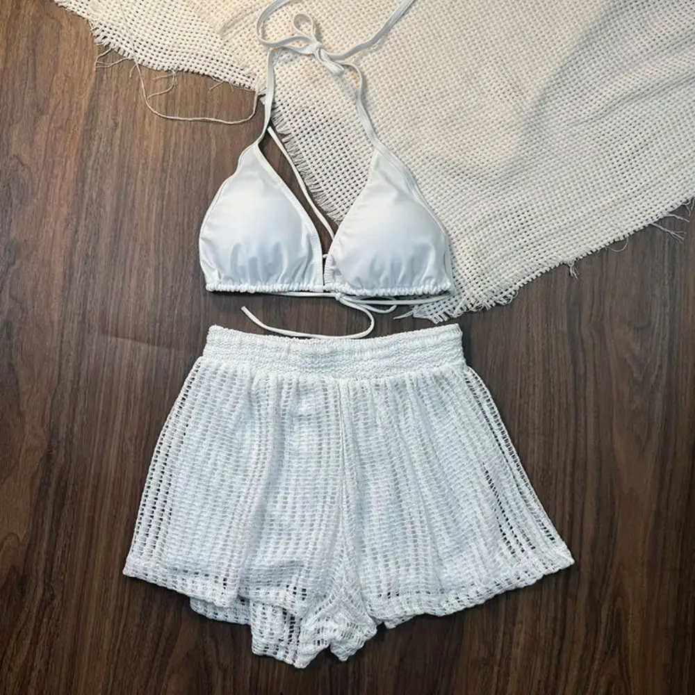 Lockerer, langärmliger Badeanzug, Pullover, Strandmode, Häkelstrick-Badeanzug, ausgehöhlter Sonnenschutz, dreiteiliges Set, Badebekleidung – Detail 10