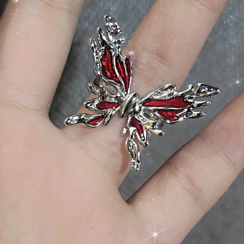 Irregular Red Crystal Glass Butterfly Aesthetic Rings for Women Y2K Gothic Spider Cross Ring Creative Grunge Jewelry Accessories 2