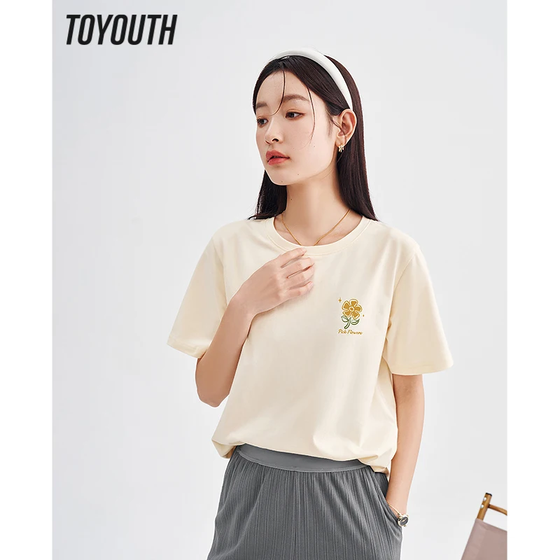 

Toyouth Women T-shirt 2023 Summer Short Sleeve O Neck Loose Tees Flower Print 100% Cotton Casual All Match Four Color Tops