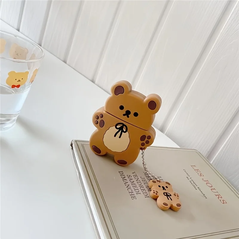 Cute 3D Cartoon Brown Bear Silicone Wireless Earphone Case with Keychain - Perfect for Airpods 1/2/3/Pro!