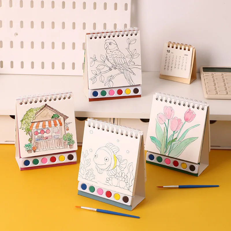 Creative coil vertical watercolor painting DIY watercolor graffiti book with built-in paint coloring picture book 4